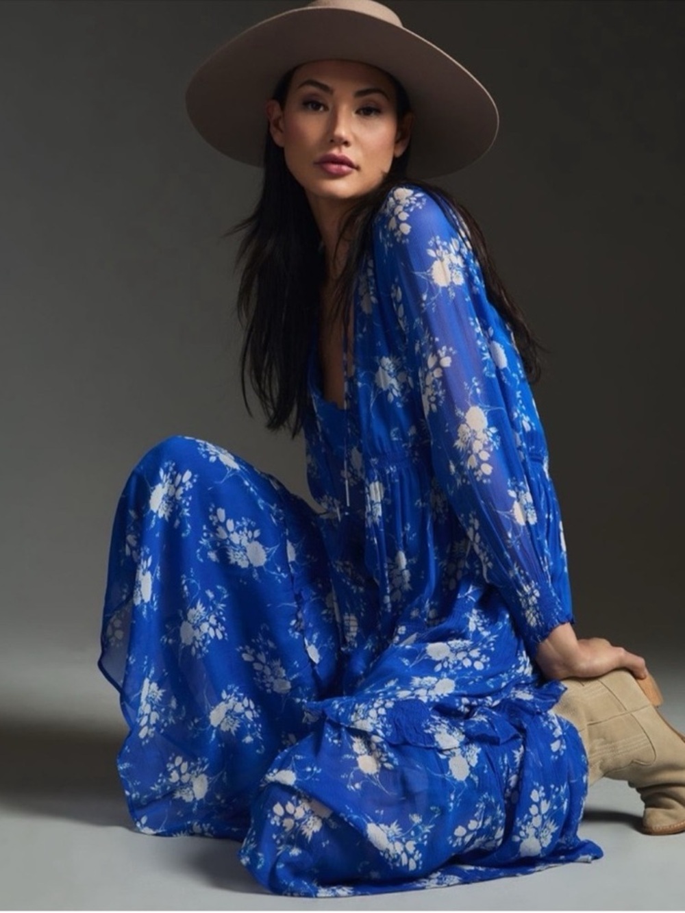 Anthropologie Blue Marais Printed Chiffon Maxi Dress • Size Medium - Picture 2 of 12